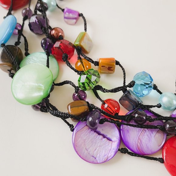 Premier Designs Bright Colorful Shell Glass Beaded Cord Funky Statement Necklace - Picture 6 of 12